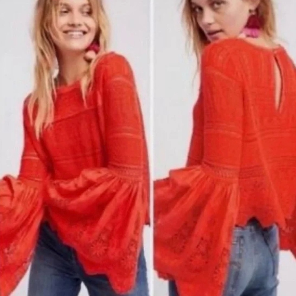 Free People Once Upon A Time Top – Red/Orange Lace Bell Sleeve Blouse - Picture 2 of 15